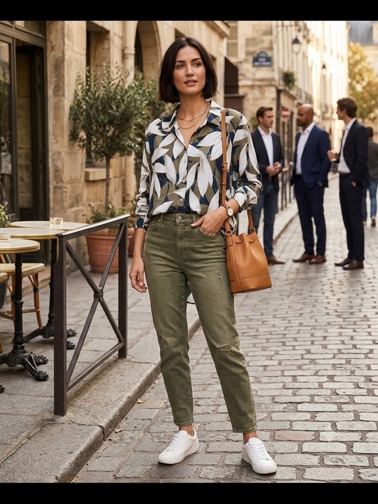 Tribal Tops - Tribal Leaf-Print Button-Front Blouse in Olive, White & Navy